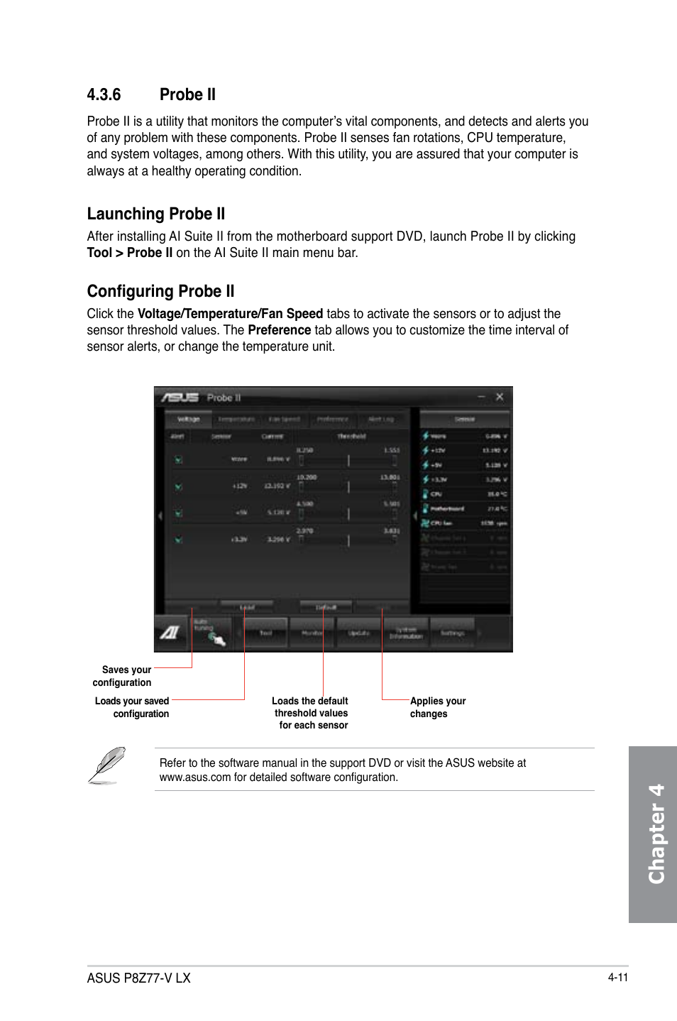 Chapter 4, 6 probe ii, Launching probe ii | Configuring probe ii | Asus P8Z77-V LX User Manual | Page 110 / 142