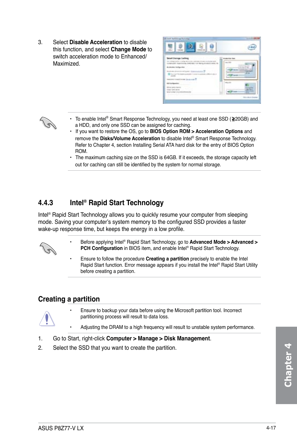 Chapter 4, 3 intel, Rapid start technology | Creating a partition | Asus P8Z77-V LX User Manual | Page 116 / 142