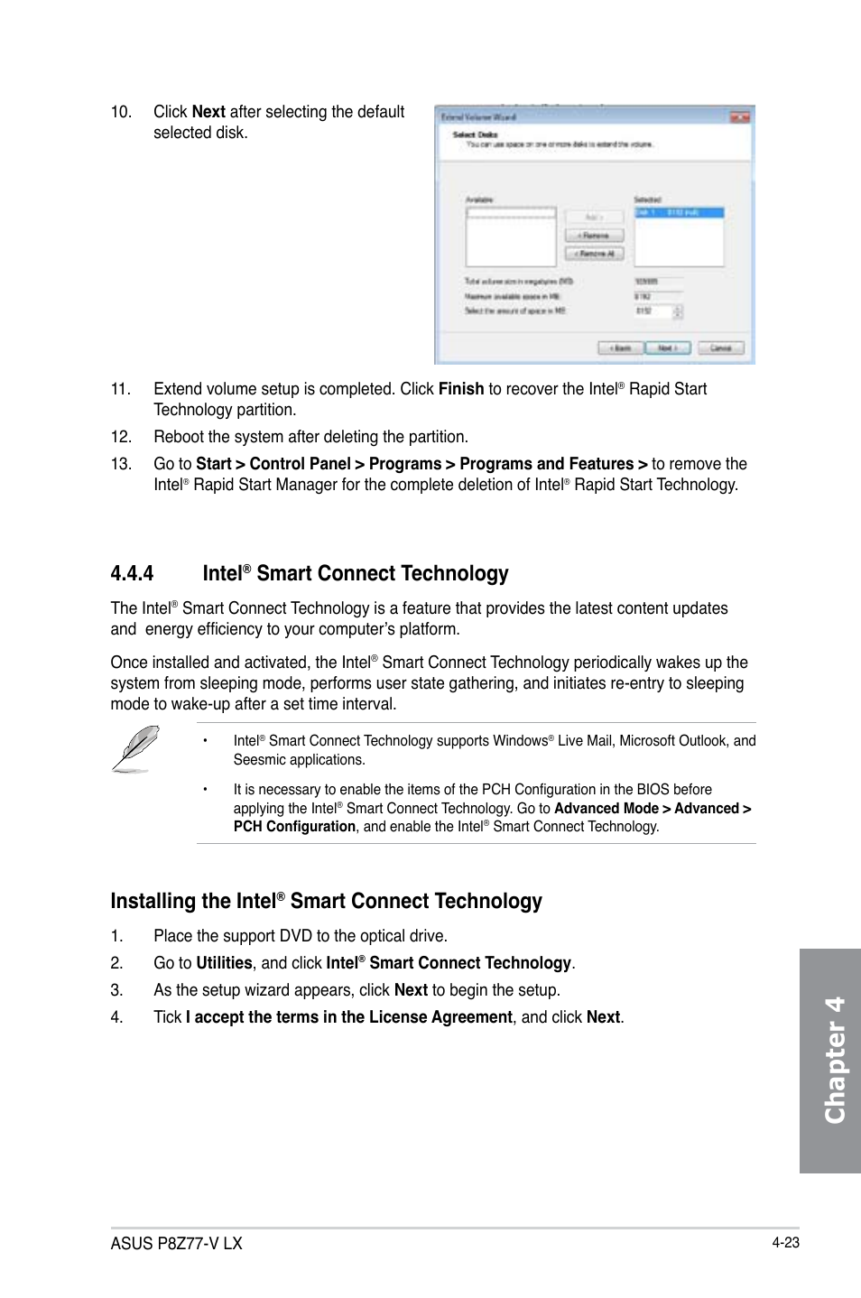 Chapter 4, 4 intel, Smart connect technology | Installing the intel | Asus P8Z77-V LX User Manual | Page 122 / 142