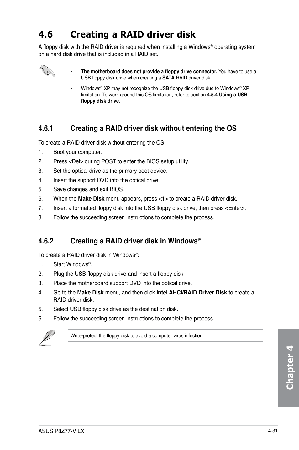 Chapter 4 4.6 creating a raid driver disk, 2 creating a raid driver disk in windows | Asus P8Z77-V LX User Manual | Page 130 / 142