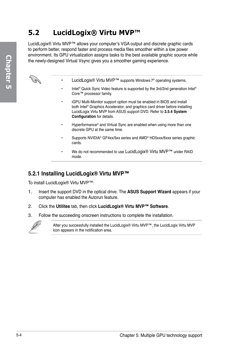 Chapter 5 5.2 lucidlogix® virtu mvp, 1 installing lucidlogix® virtu mvp | Asus P8Z77-V LX User Manual | Page 137 / 142