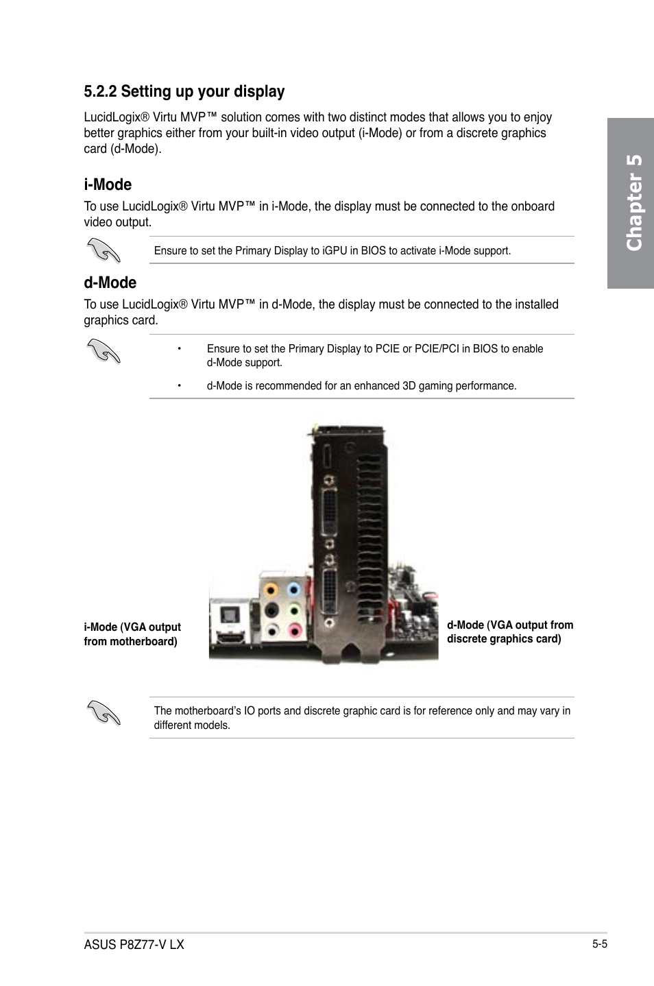 Chapter 5, I-mode, D-mode | 2 setting up your display | Asus P8Z77-V LX User Manual | Page 138 / 142