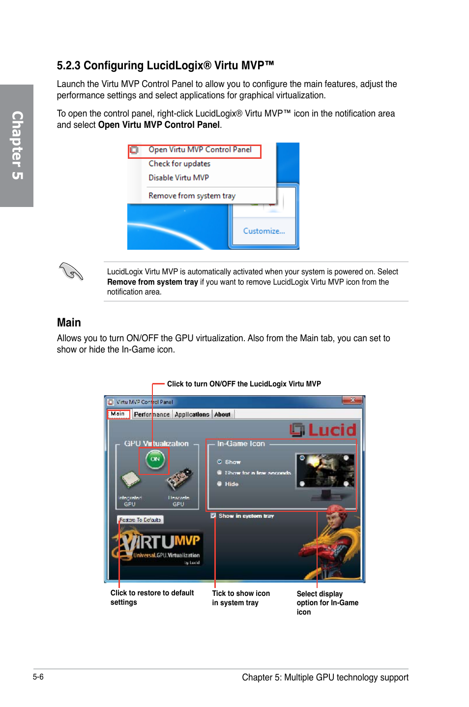 Chapter 5, 3 configuring lucidlogix® virtu mvp, Main | Asus P8Z77-V LX User Manual | Page 139 / 142