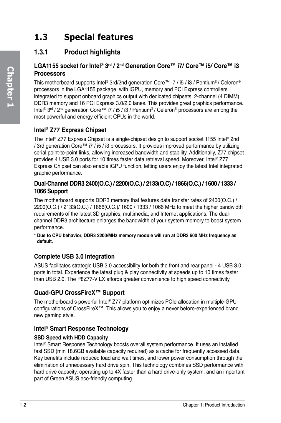 Chapter 1 1.3 special features, 1 product highlights | Asus P8Z77-V LX User Manual | Page 14 / 142