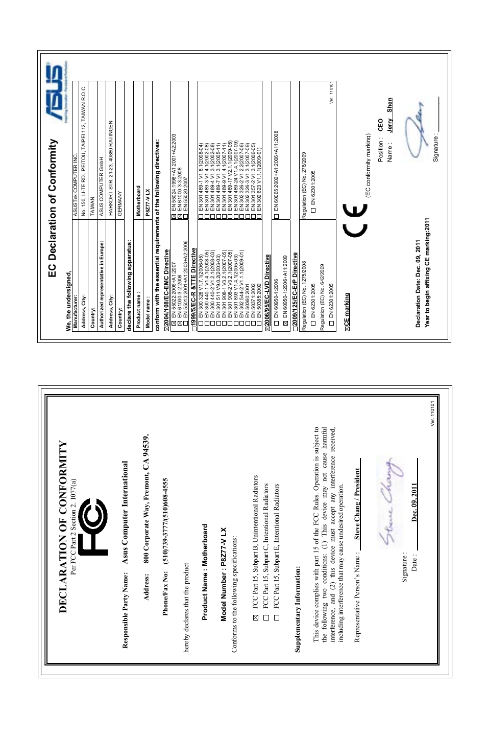 Declaration of conformity, Ec declaration of conformity, Asu s c om pu te r in te rn at io na l | Asus P8Z77-V LX User Manual | Page 142 / 142