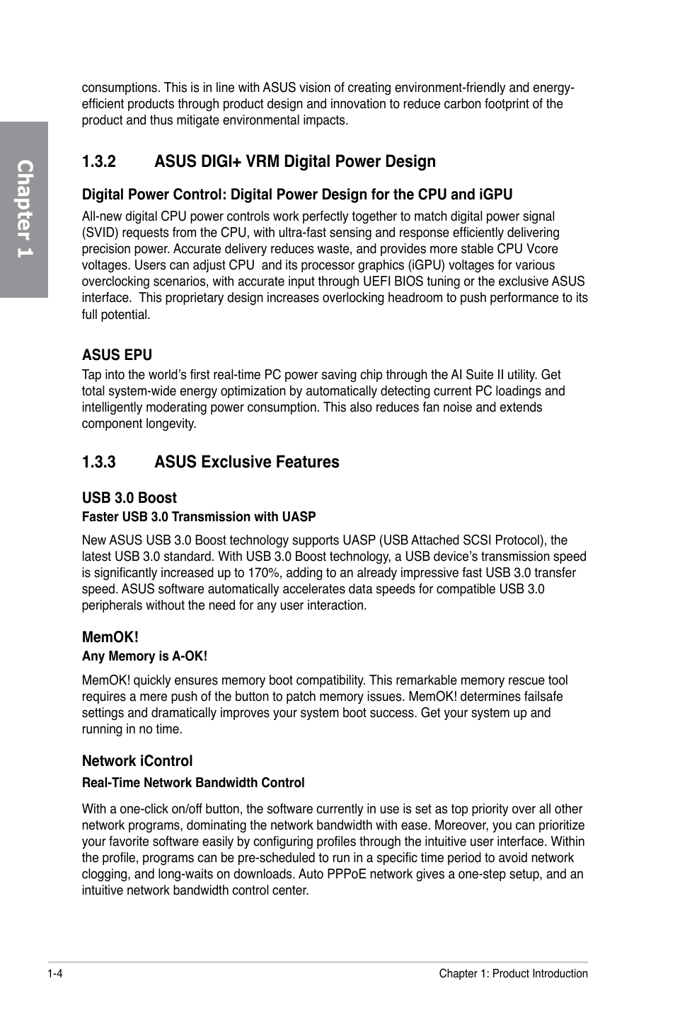 Chapter 1, 2 asus digi+ vrm digital power design, 3 asus exclusive features | Asus P8Z77-V LX User Manual | Page 16 / 142