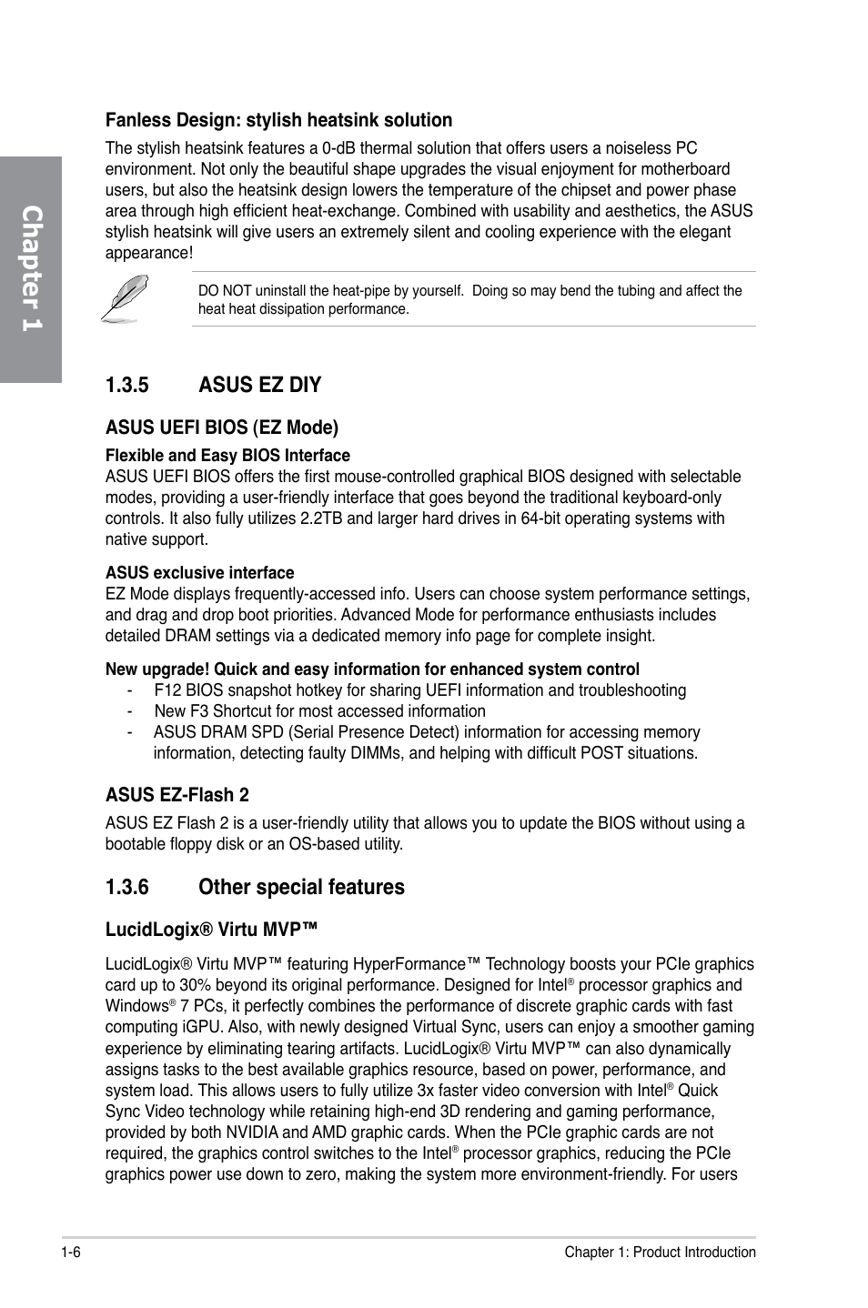 Chapter 1, 5 asus ez diy, 6 other special features | Asus P8Z77-V LX User Manual | Page 18 / 142