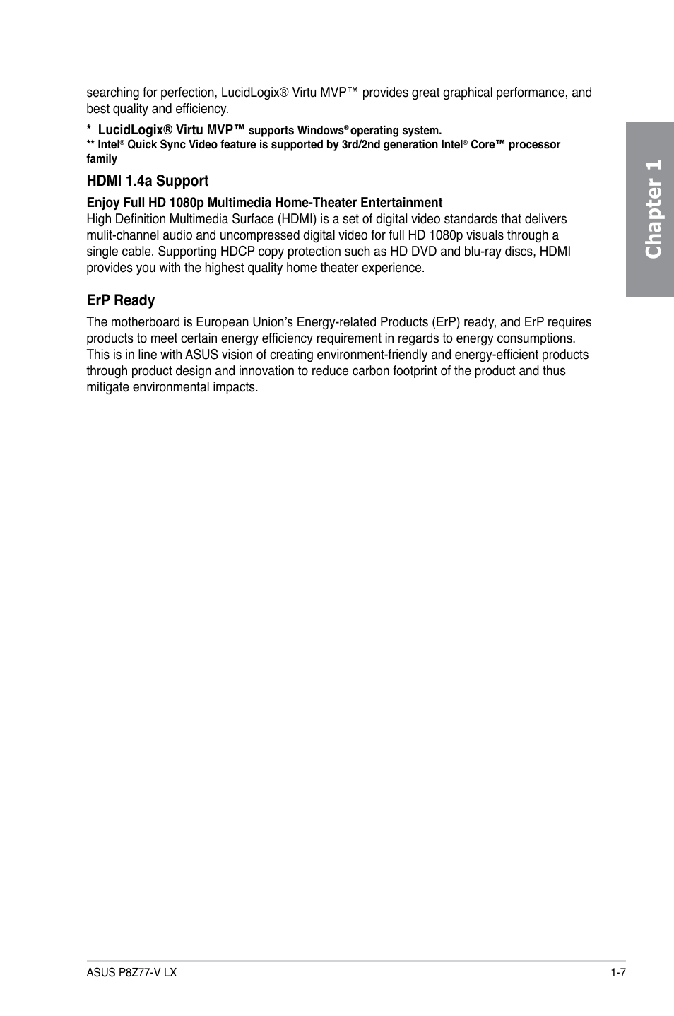 Chapter 1, Hdmi 1.4a support, Erp ready | Asus P8Z77-V LX User Manual | Page 19 / 142