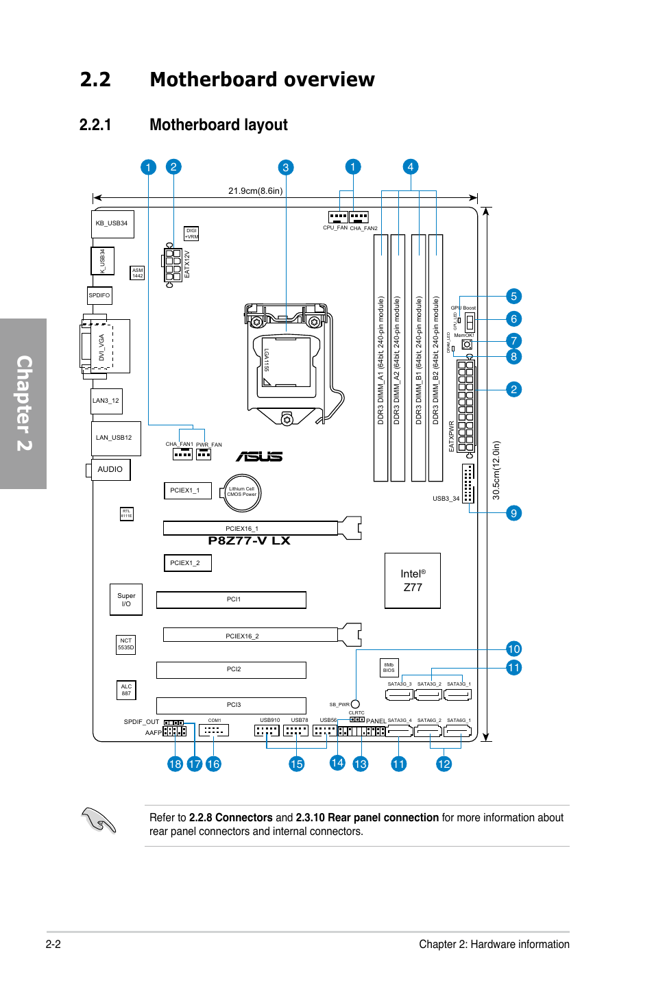 Chapter 2, 2 motherboard overview, 1 motherboard layout | 2 chapter 2: hardware information, P8z77-v lx, Intel | Asus P8Z77-V LX User Manual | Page 21 / 142