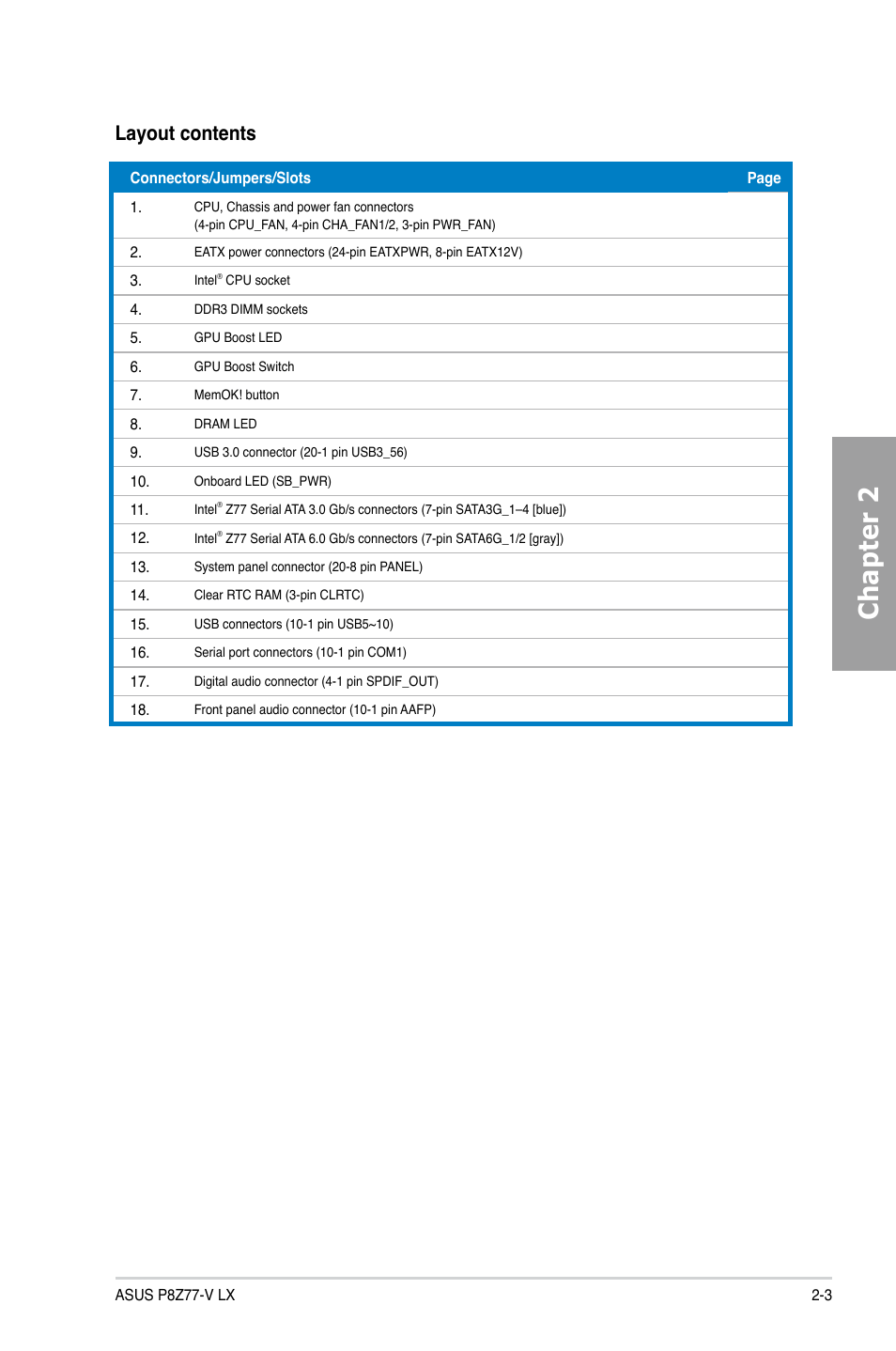 Chapter 2, Layout contents | Asus P8Z77-V LX User Manual | Page 22 / 142