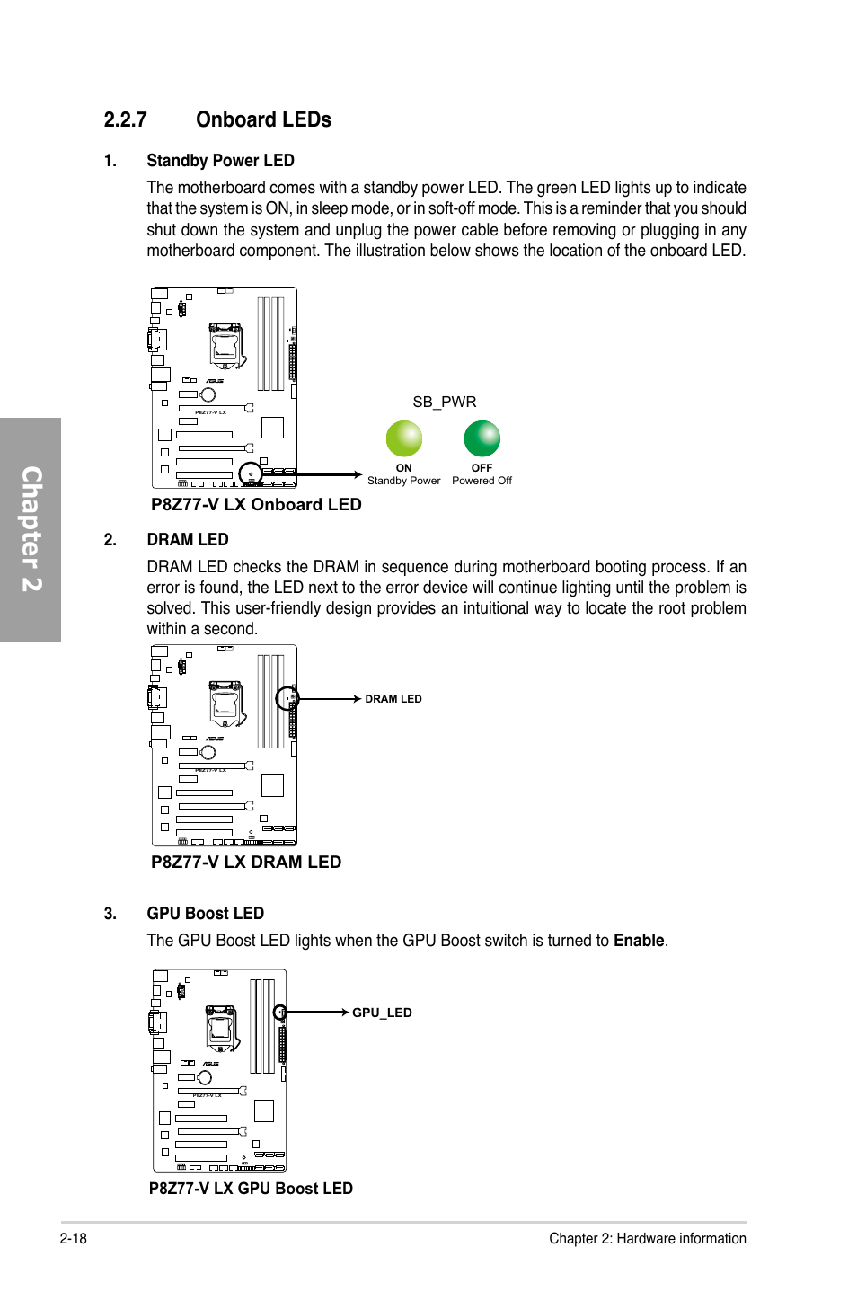 Chapter 2, 7 onboard leds | Asus P8Z77-V LX User Manual | Page 37 / 142