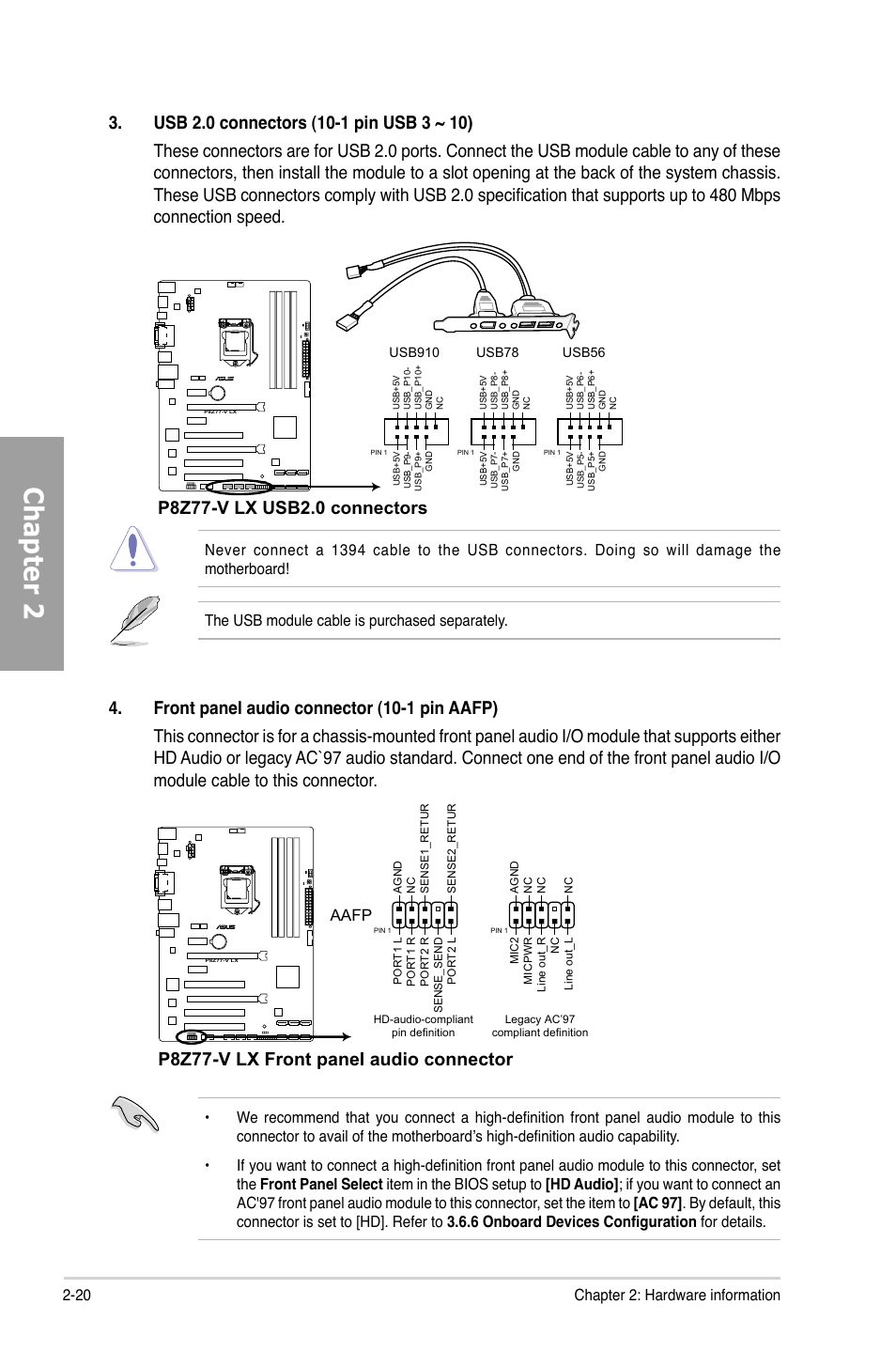 Chapter 2, P8z77-v lx front panel audio connector, Aafp | Asus P8Z77-V LX User Manual | Page 39 / 142
