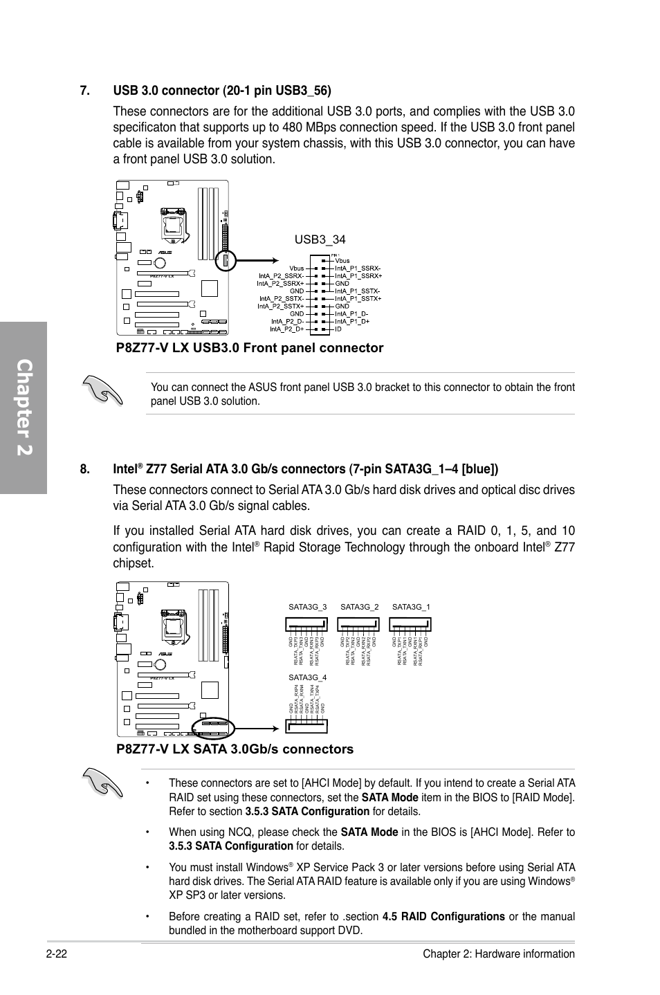 Chapter 2, Intel, Rapid storage technology through the onboard intel | Z77 chipset, Usb3_34, 22 chapter 2: hardware information | Asus P8Z77-V LX User Manual | Page 41 / 142