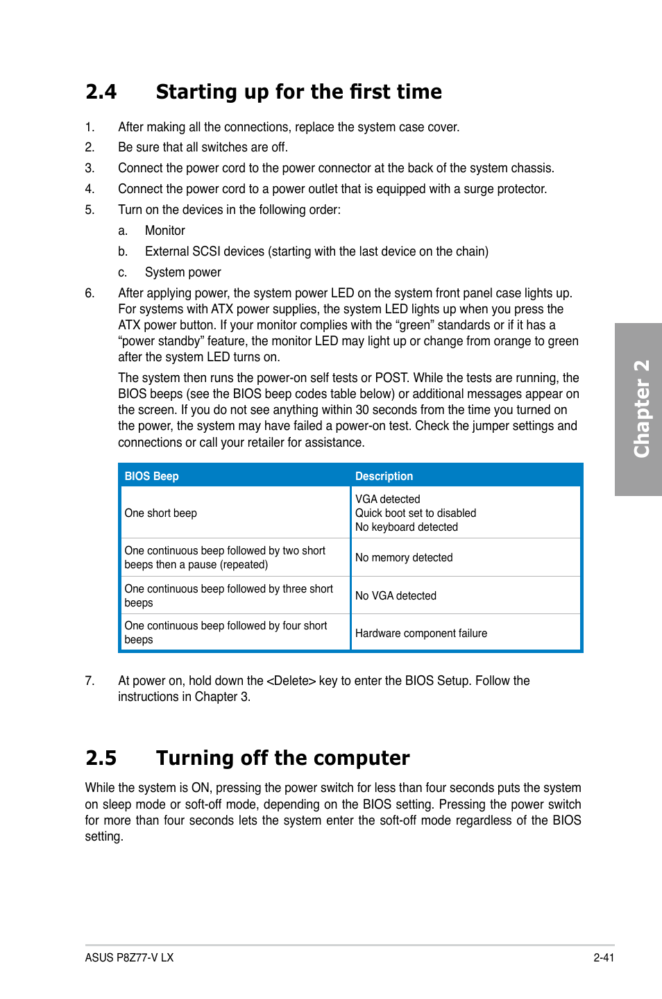 Chapter 2 2.4 starting up for the first time, 5 turning off the computer | Asus P8Z77-V LX User Manual | Page 60 / 142