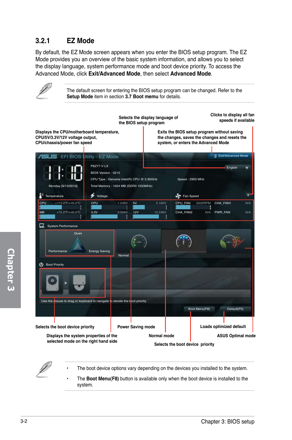 Chapter 3, 1 ez mode, Chapter 3: bios setup | Asus P8Z77-V LX User Manual | Page 63 / 142