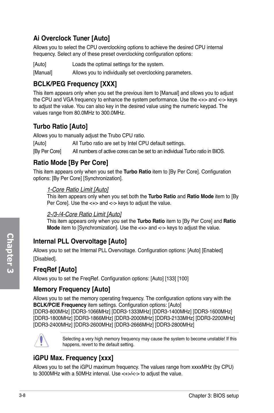 Chapter 3, Ai overclock tuner [auto, Bclk/peg frequency [xxx | Turbo ratio [auto, Ratio mode [by per core, Internal pll overvoltage [auto, Freqref [auto, Igpu max. frequency [xxx | Asus P8Z77-V LX User Manual | Page 69 / 142