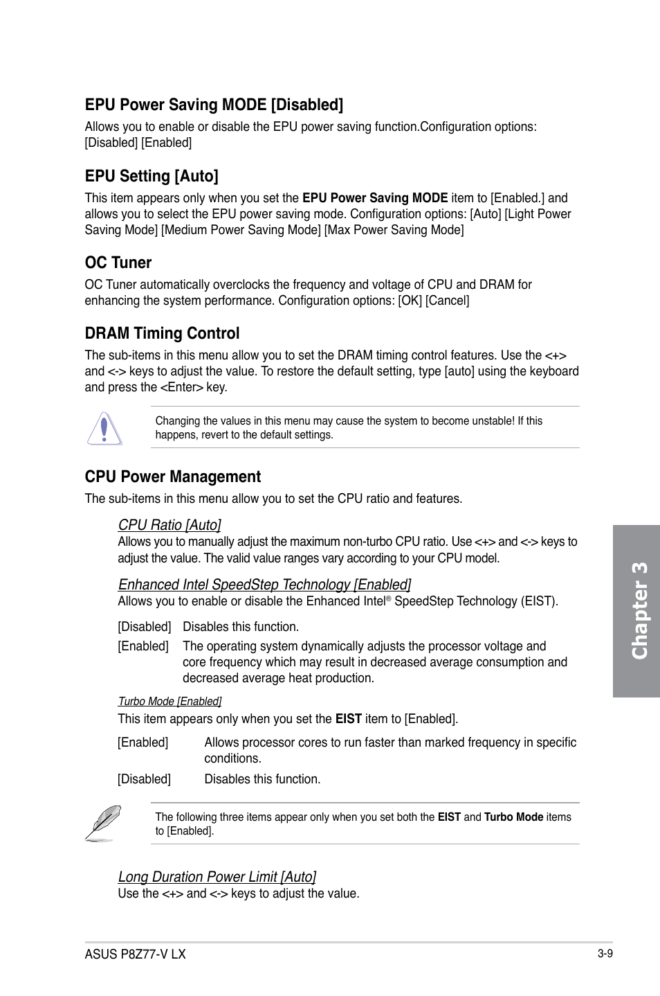 Chapter 3, Epu power saving mode [disabled, Epu setting [auto | Oc tuner, Dram timing control, Cpu power management | Asus P8Z77-V LX User Manual | Page 70 / 142