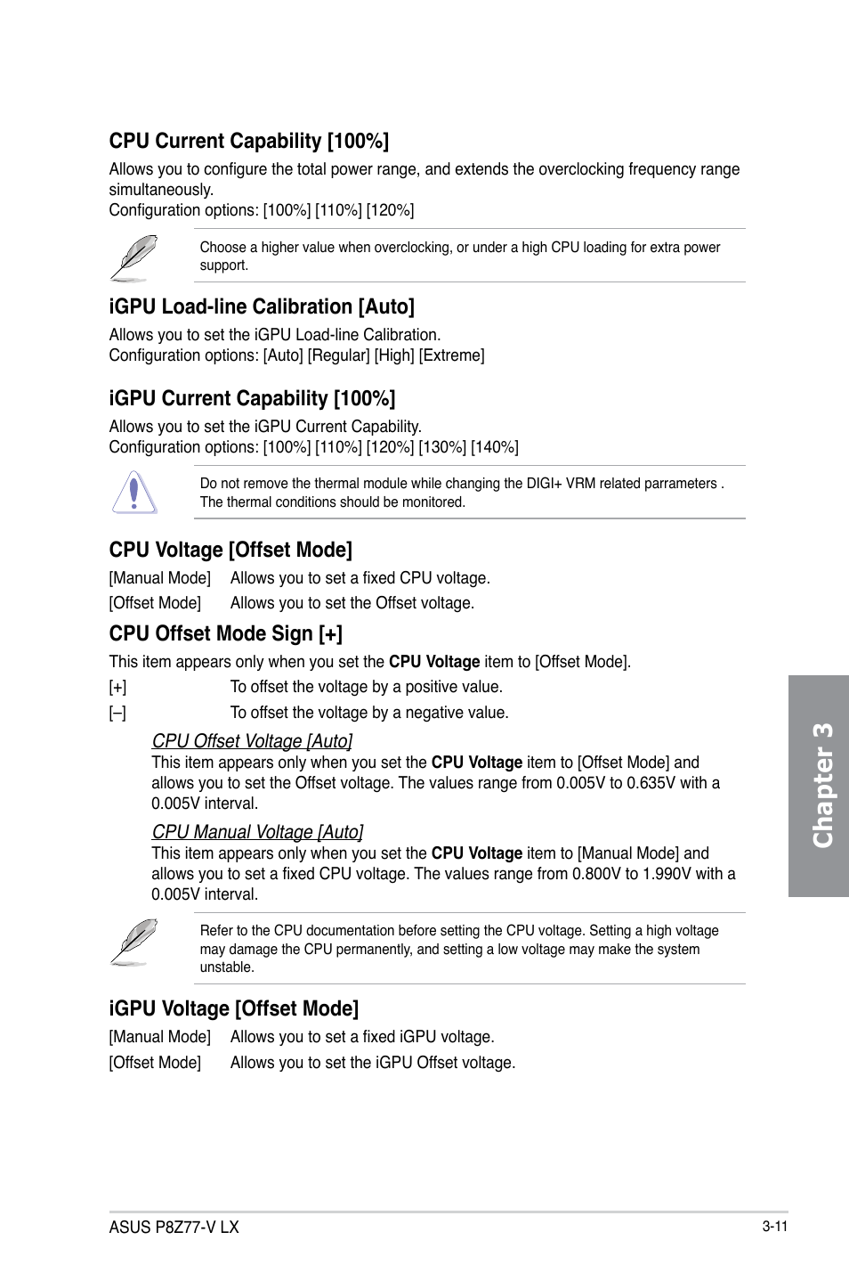 Chapter 3, Cpu current capability [100, Igpu load-line calibration [auto | Igpu current capability [100, Cpu voltage [offset mode, Cpu offset mode sign, Igpu voltage [offset mode | Asus P8Z77-V LX User Manual | Page 72 / 142