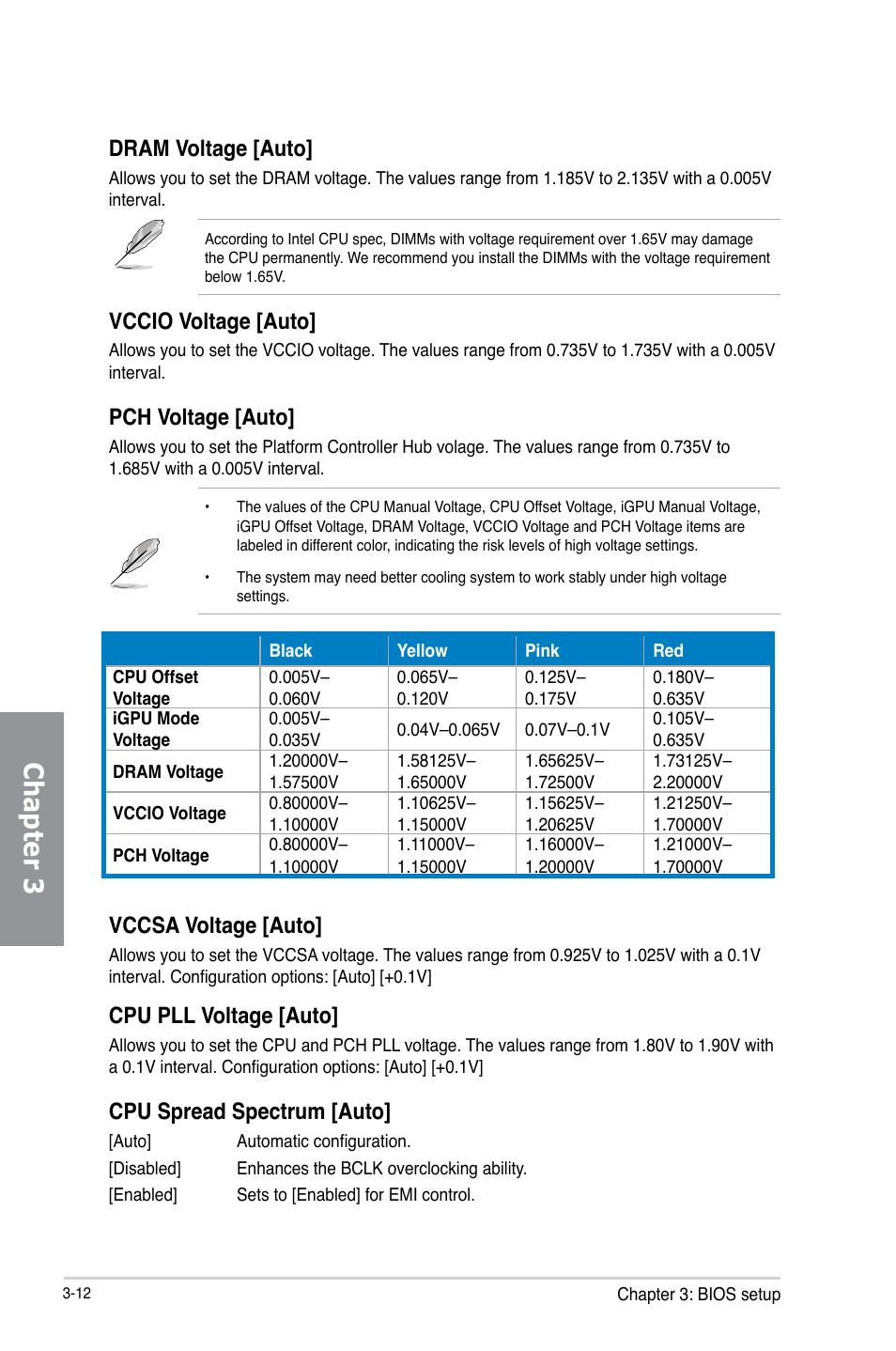 Chapter 3, Dram voltage [auto, Vccio voltage [auto | Pch voltage [auto, Vccsa voltage [auto, Cpu pll voltage [auto, Cpu spread spectrum [auto | Asus P8Z77-V LX User Manual | Page 73 / 142