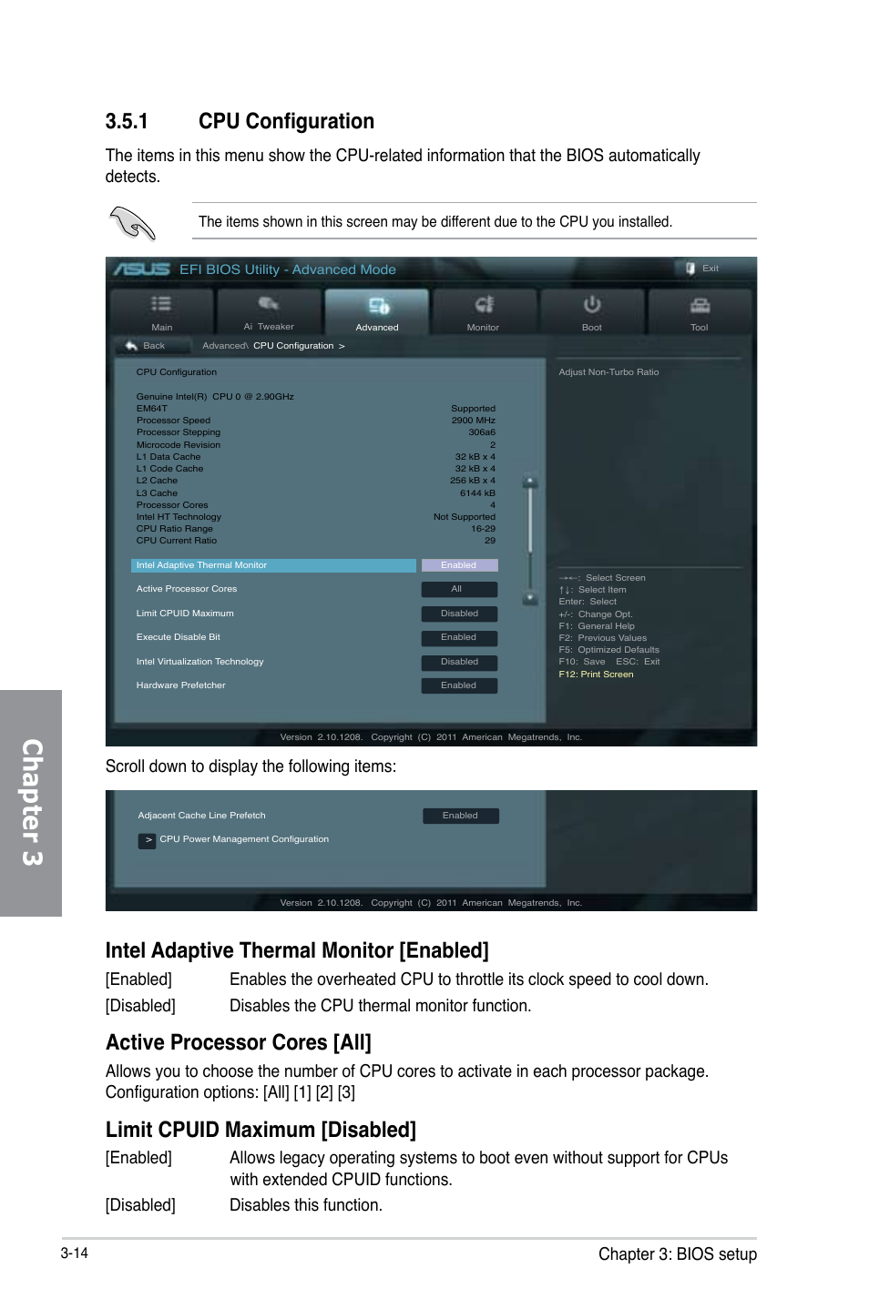 Chapter 3, 1 cpu configuration, Intel adaptive thermal monitor [enabled | Active processor cores [all, Limit cpuid maximum [disabled, Chapter 3: bios setup, Scroll down to display the following items | Asus P8Z77-V LX User Manual | Page 75 / 142