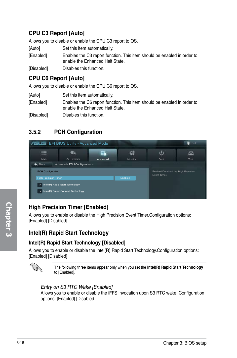 Chapter 3, Cpu c3 report [auto, Cpu c6 report [auto | 2 pch configuration high precision timer [enabled, Intel(r) rapid start technology, Intel(r) rapid start technology [disabled, Entry on s3 rtc wake [enabled | Asus P8Z77-V LX User Manual | Page 77 / 142