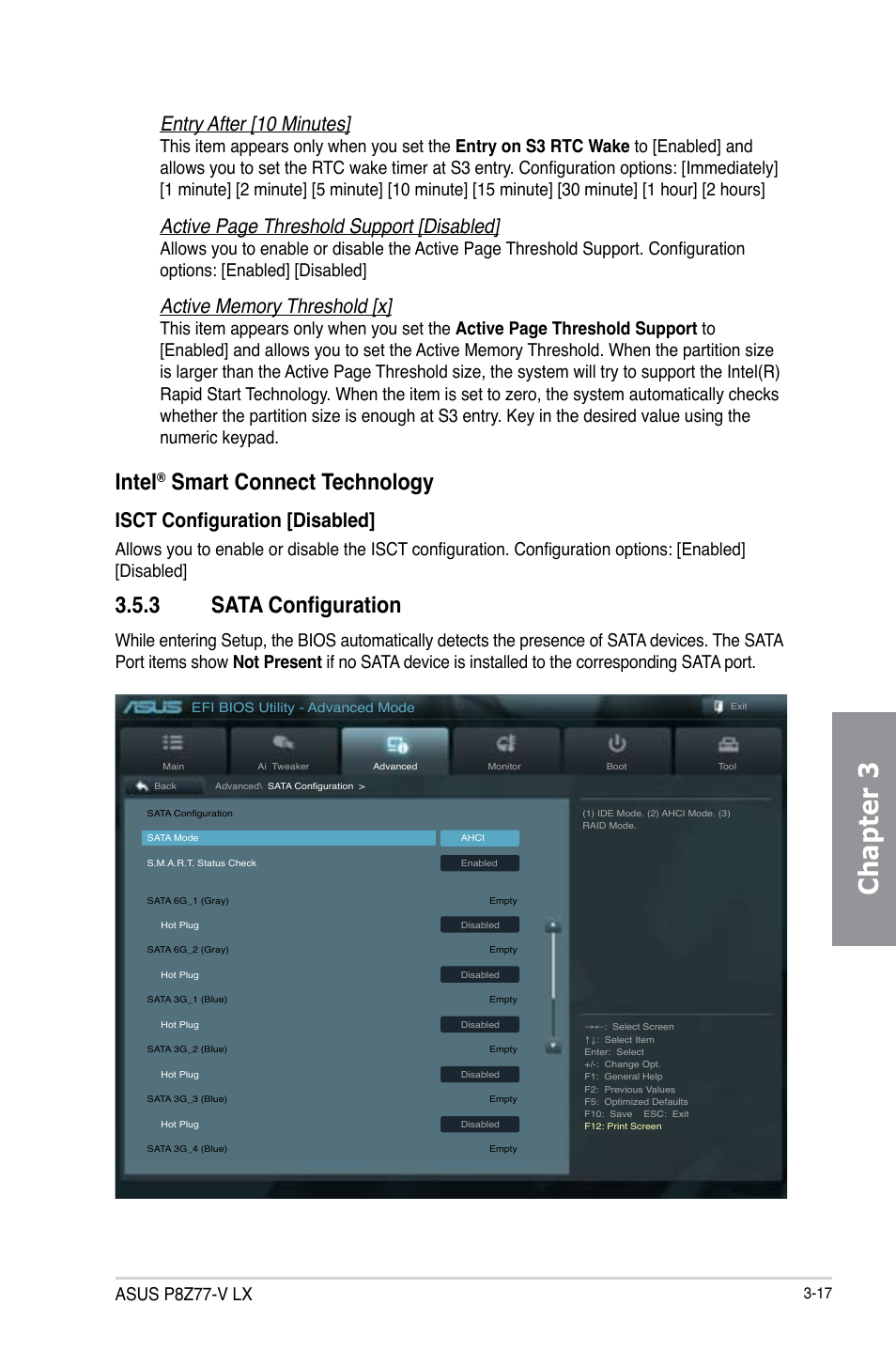 Chapter 3, 3 sata configuration, Intel | Smart connect technology, Entry after [10 minutes, Active page threshold support [disabled, Isct configuration [disabled, Asus p8z77-v lx | Asus P8Z77-V LX User Manual | Page 78 / 142