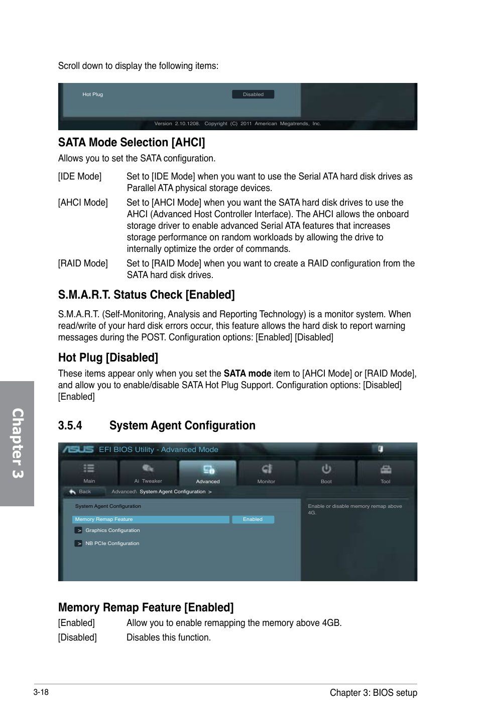 Chapter 3, Sata mode selection [ahci, S.m.a.r.t. status check [enabled | Hot plug [disabled, 4 system agent configuration | Asus P8Z77-V LX User Manual | Page 79 / 142