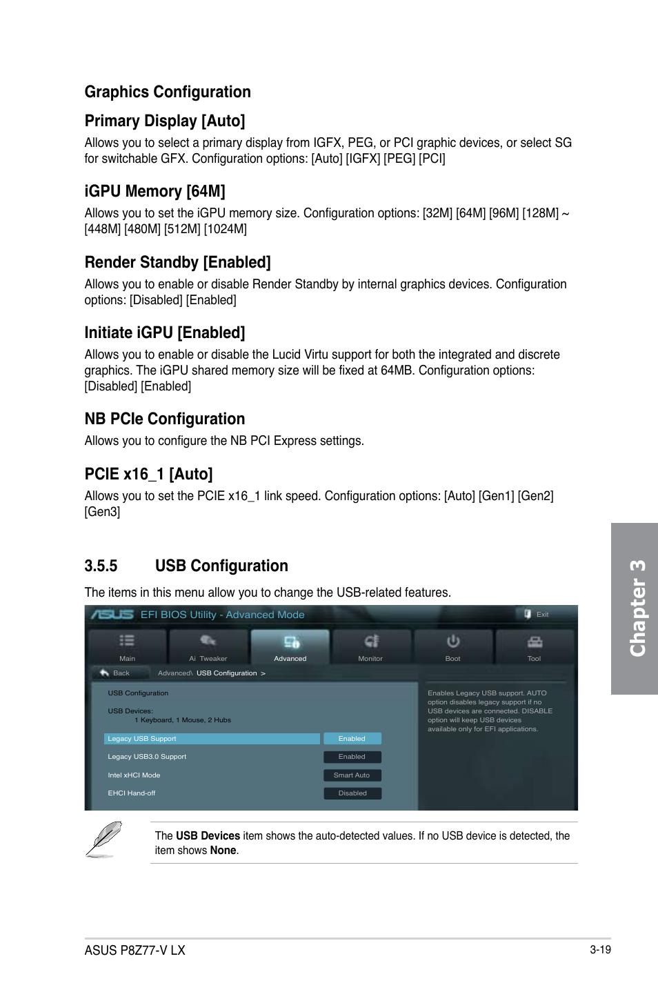Chapter 3, Graphics configuration primary display [auto, Render standby [enabled | Initiate igpu [enabled, Nb pcie configuration, Pcie x16_1 [auto, 5 usb configuration, Asus p8z77-v lx | Asus P8Z77-V LX User Manual | Page 80 / 142