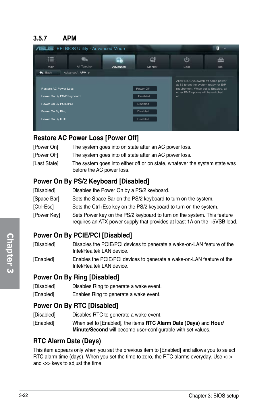 Chapter 3, Restore ac power loss [power off, Power on by ps/2 keyboard [disabled | Power on by pcie/pci [disabled, Power on by ring [disabled, Power on by rtc [disabled, Rtc alarm date (days), 7 apm, Chapter 3: bios setup | Asus P8Z77-V LX User Manual | Page 83 / 142