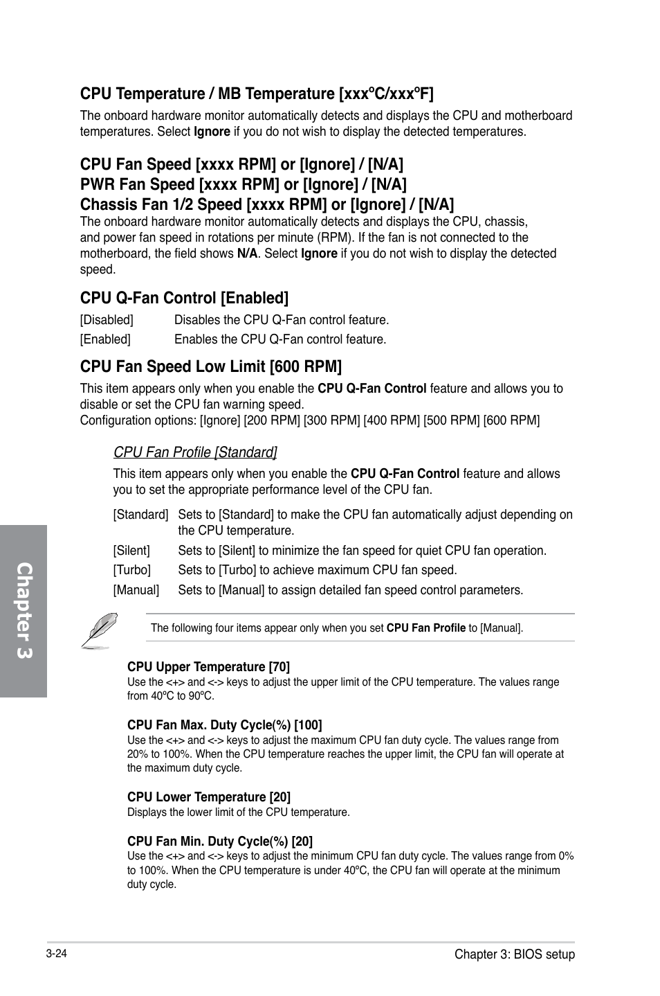 Chapter 3, Cpu temperature / mb temperature [xxxºc/xxxºf, Cpu q-fan control [enabled | Cpu fan speed low limit [600 rpm | Asus P8Z77-V LX User Manual | Page 85 / 142