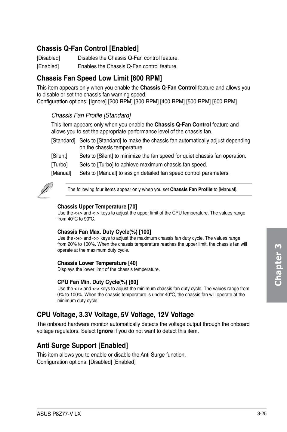 Chapter 3, Chassis q-fan control [enabled, Chassis fan speed low limit [600 rpm | Anti surge support [enabled | Asus P8Z77-V LX User Manual | Page 86 / 142