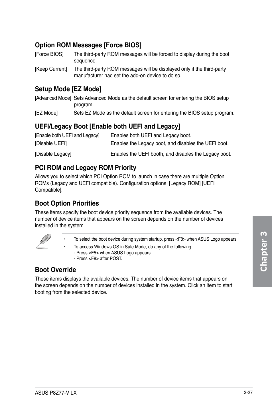 Chapter 3, Option rom messages [force bios, Setup mode [ez mode | Uefi/legacy boot [enable both uefi and legacy, Pci rom and legacy rom priority, Boot option priorities, Boot override | Asus P8Z77-V LX User Manual | Page 88 / 142