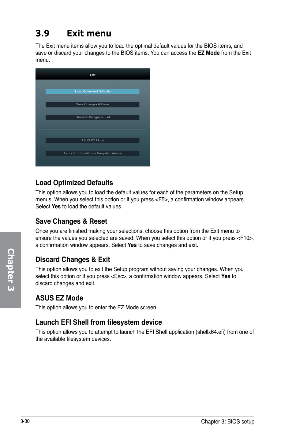 Chapter 3 3.9 exit menu, Load optimized defaults, Save changes & reset | Discard changes & exit, Asus ez mode, Launch efi shell from filesystem device | Asus P8Z77-V LX User Manual | Page 91 / 142