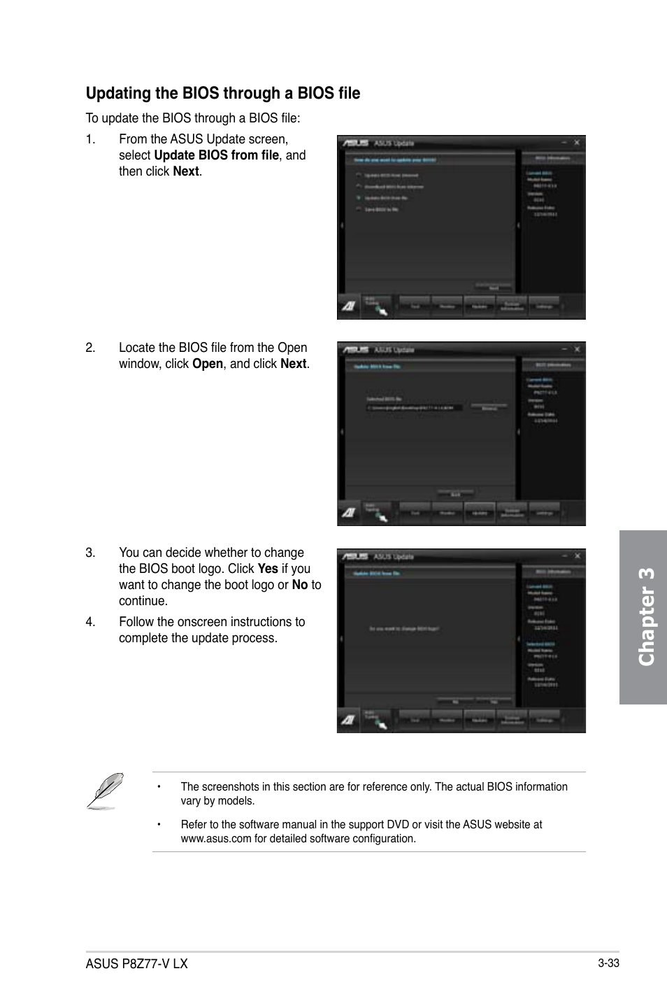Chapter 3, Updating the bios through a bios file | Asus P8Z77-V LX User Manual | Page 94 / 142