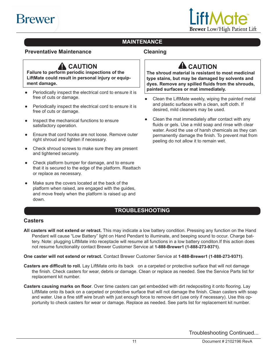 Caution | Brewer LiftMate User Manual | Page 11 / 15