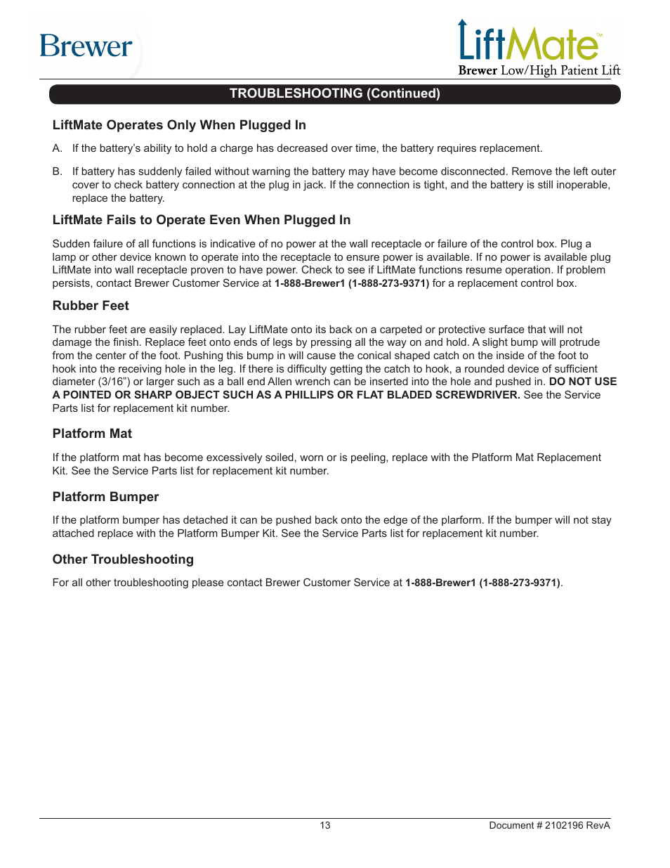 Brewer LiftMate User Manual | Page 13 / 15