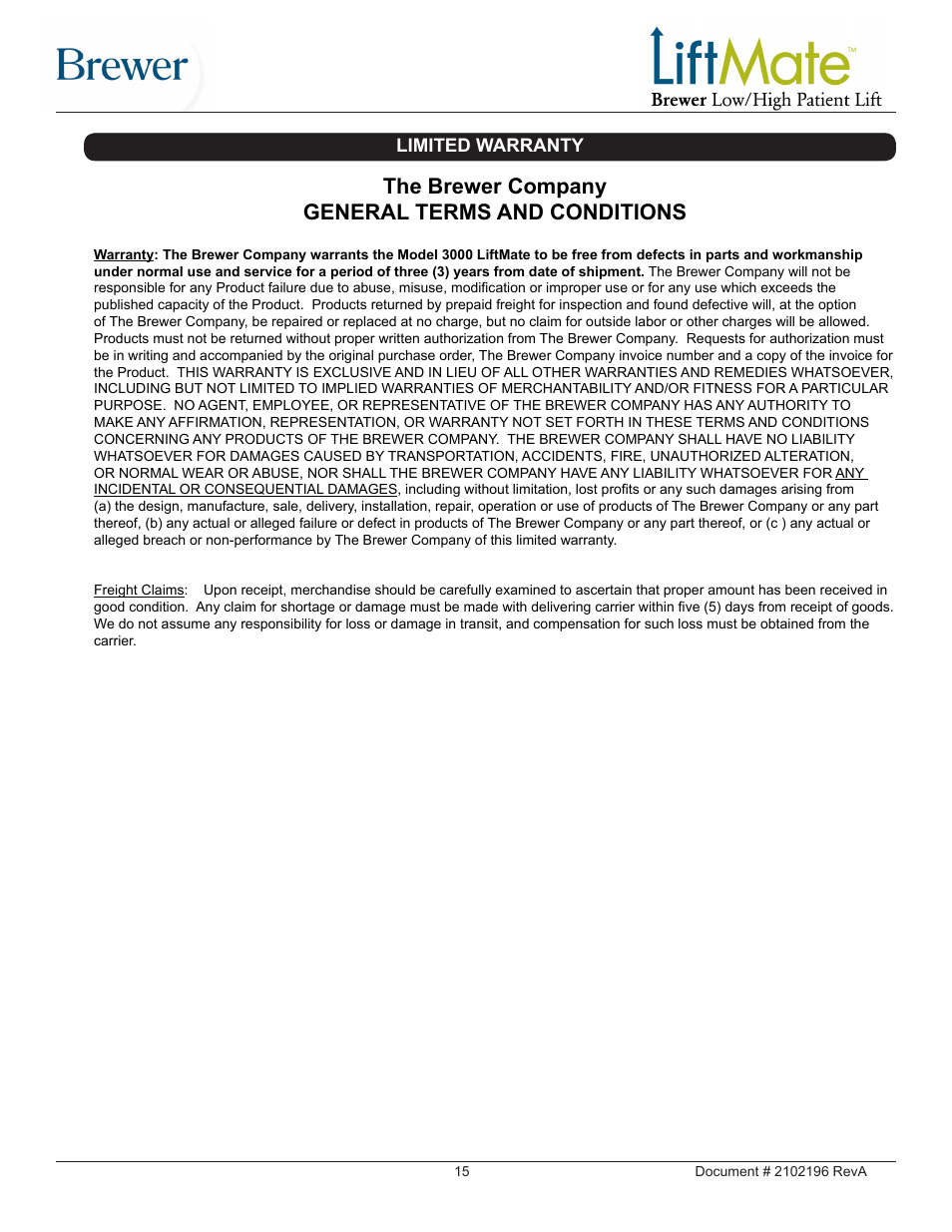 The brewer company general terms and conditions | Brewer LiftMate User Manual | Page 15 / 15