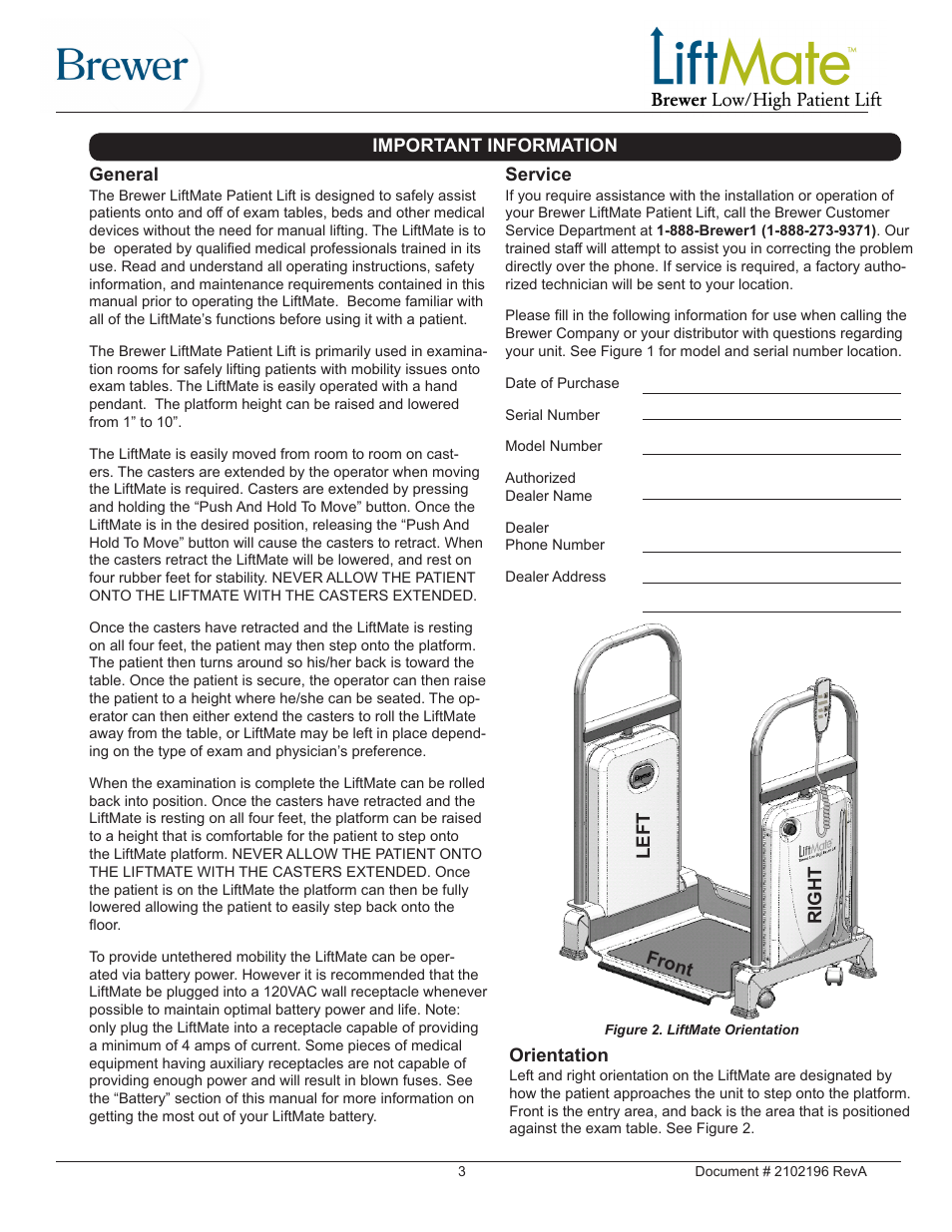 General, Service, Important information | Left right front orientation | Brewer LiftMate User Manual | Page 3 / 15