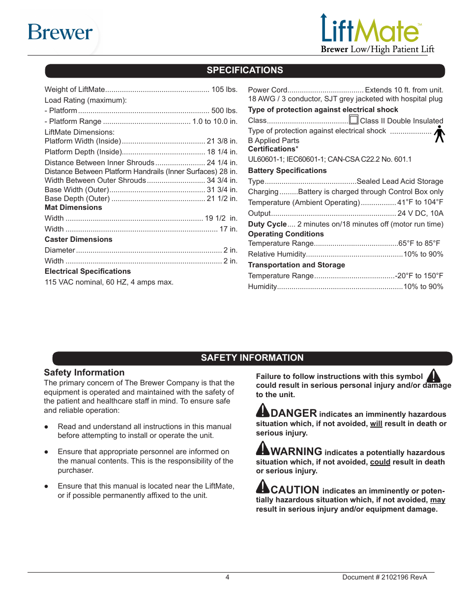 Danger, Warning, Caution | Brewer LiftMate User Manual | Page 4 / 15
