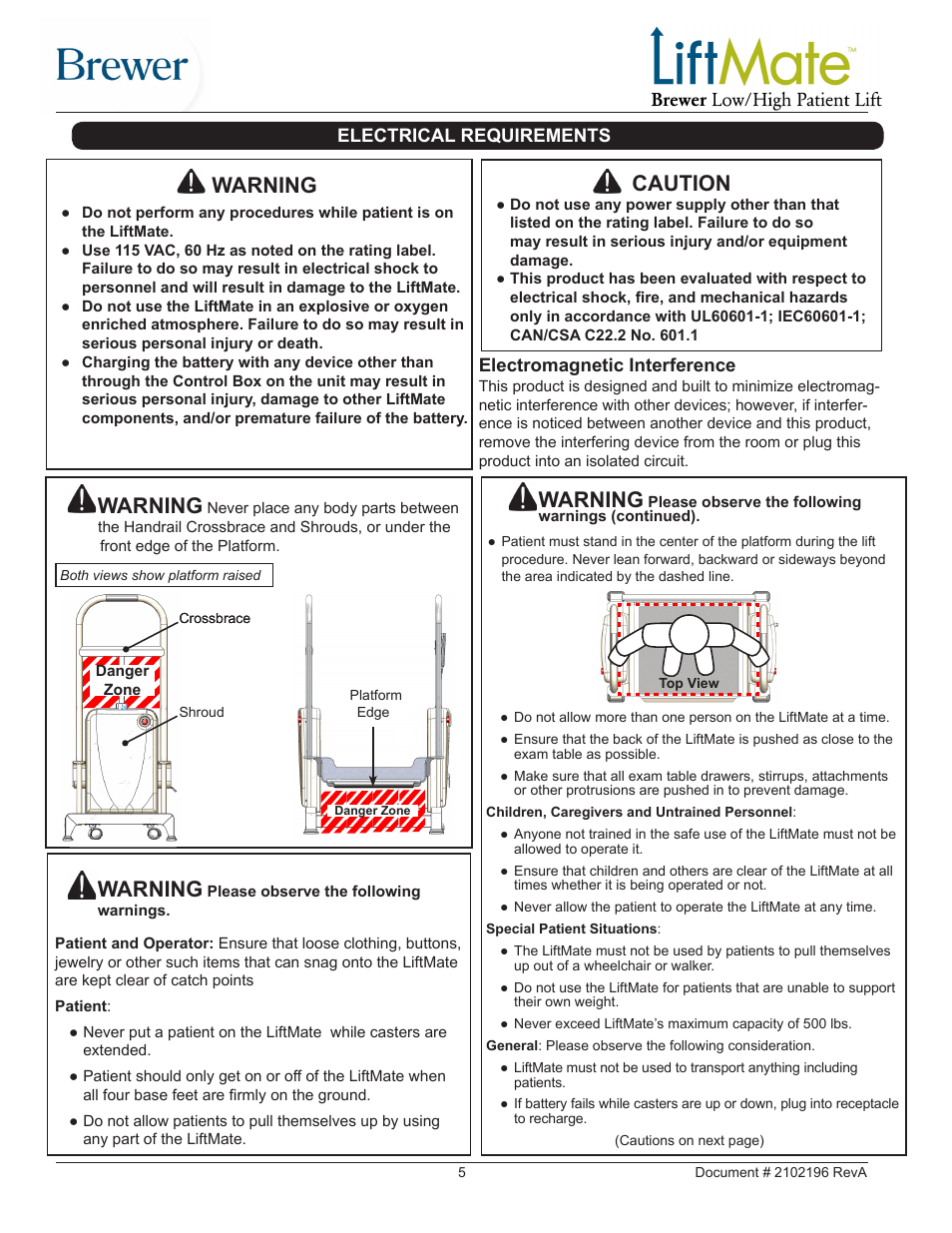 Warning, Caution | Brewer LiftMate User Manual | Page 5 / 15