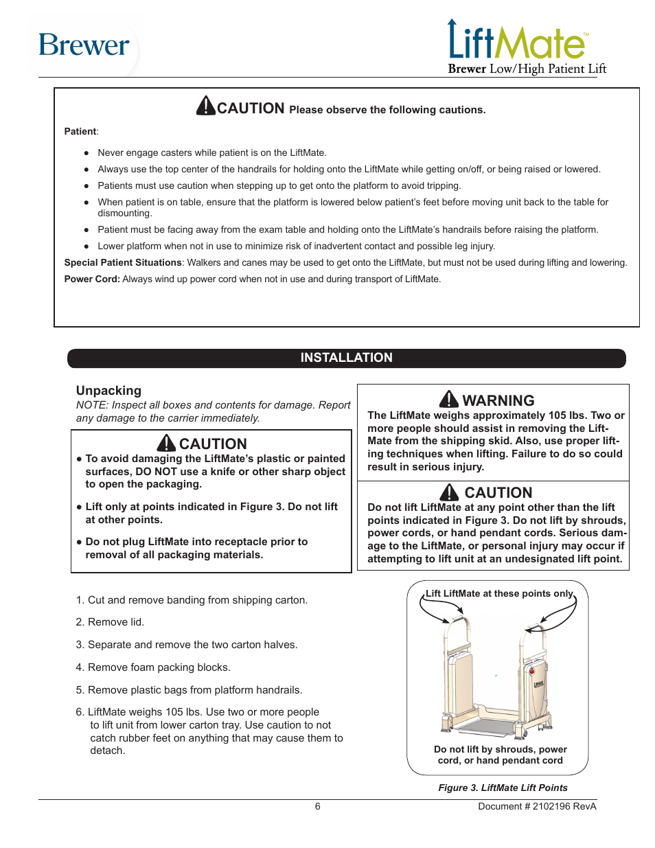 Caution, Warning | Brewer LiftMate User Manual | Page 6 / 15
