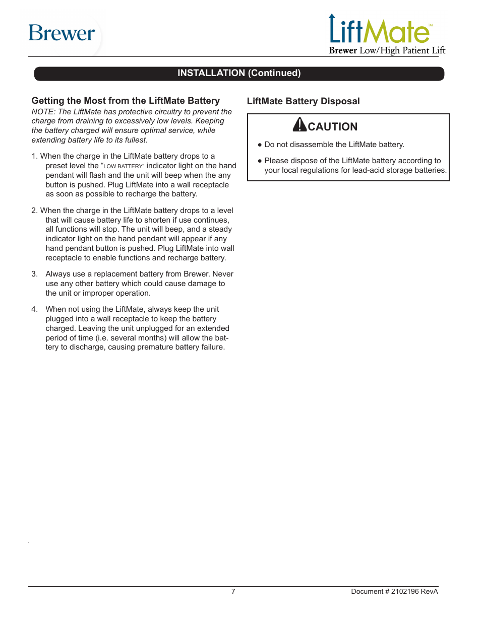 Caution | Brewer LiftMate User Manual | Page 7 / 15