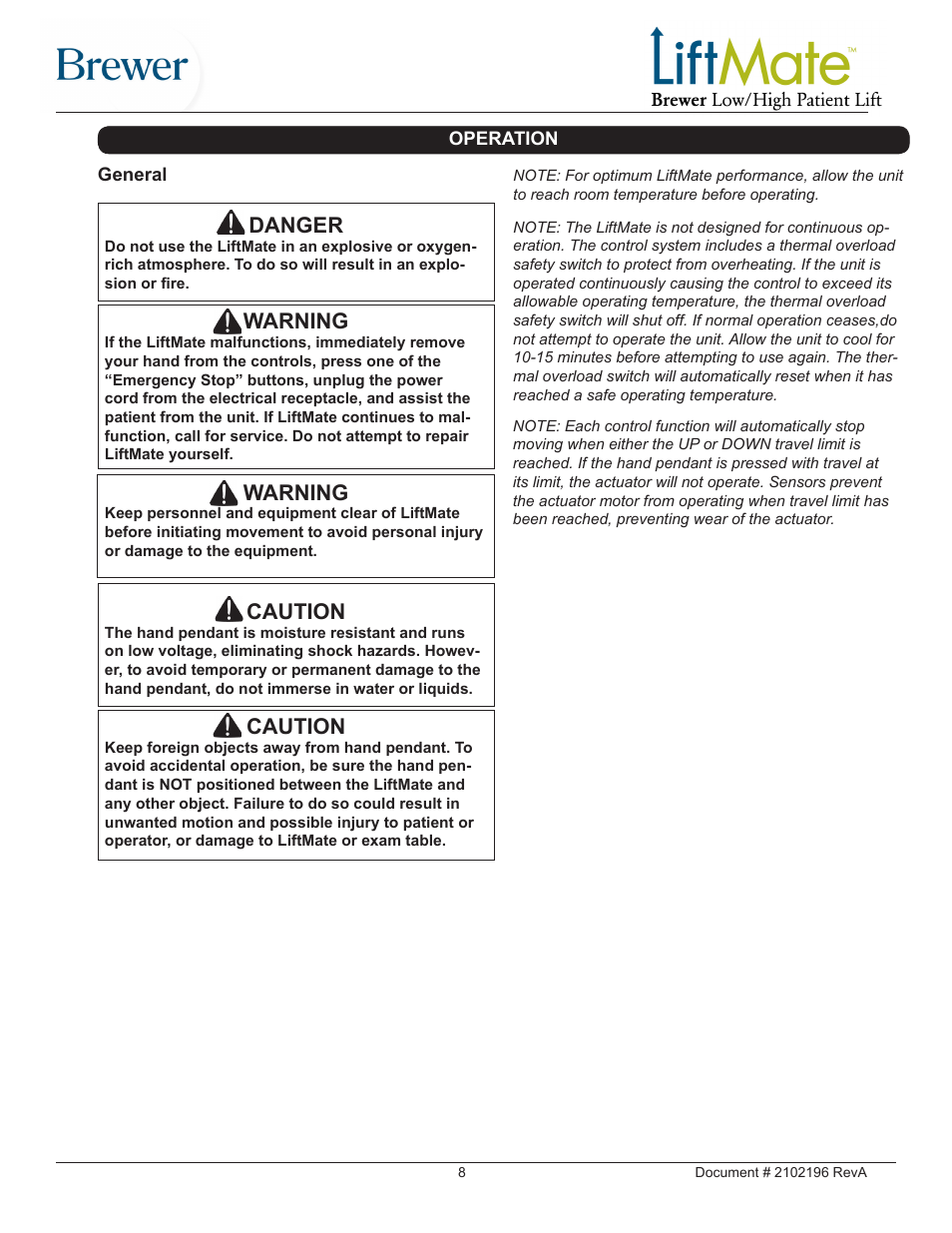 Danger, Warning, Caution | Brewer LiftMate User Manual | Page 8 / 15