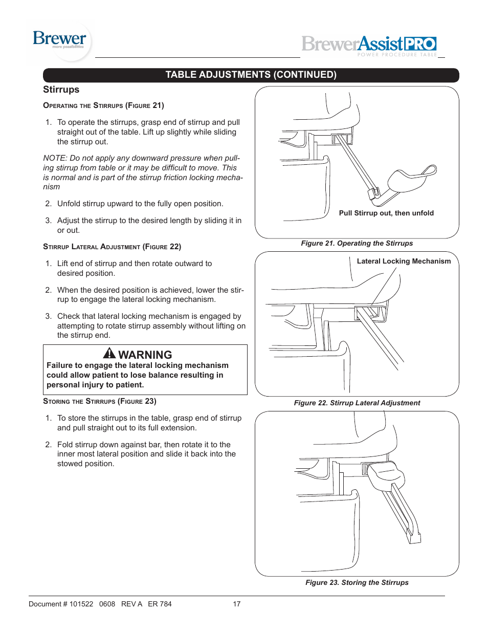 Warning, Stirrups, Table adjustments (continued) | Brewer AssistPRO User Manual | Page 17 / 19