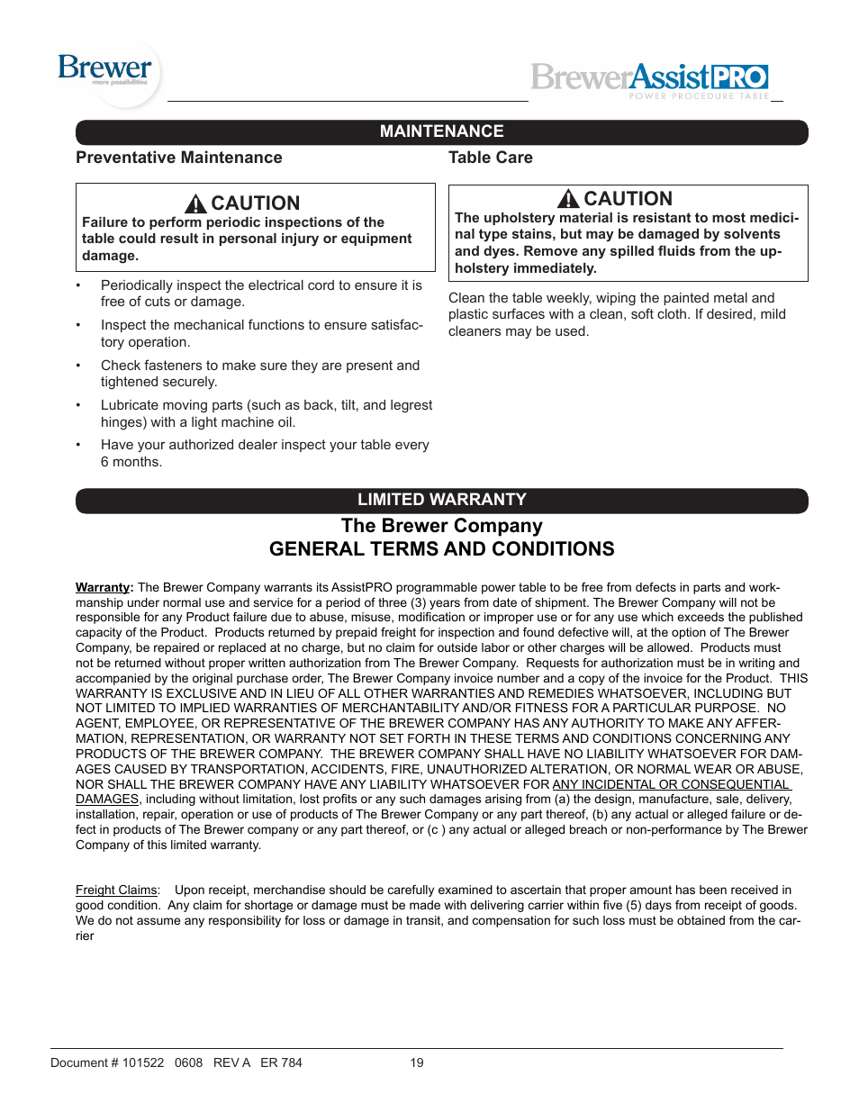 Caution, The brewer company general terms and conditions | Brewer AssistPRO User Manual | Page 19 / 19