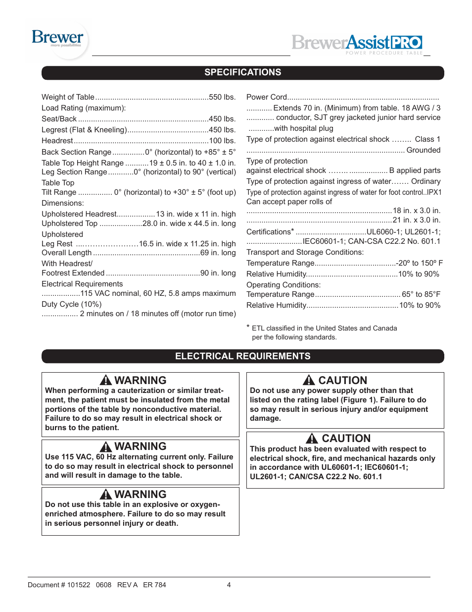 Warning, Caution | Brewer AssistPRO User Manual | Page 4 / 19