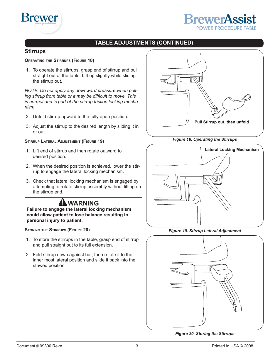 Warning, Stirrups, Table adjustments (continued) | Brewer Assist Power User Manual | Page 13 / 16