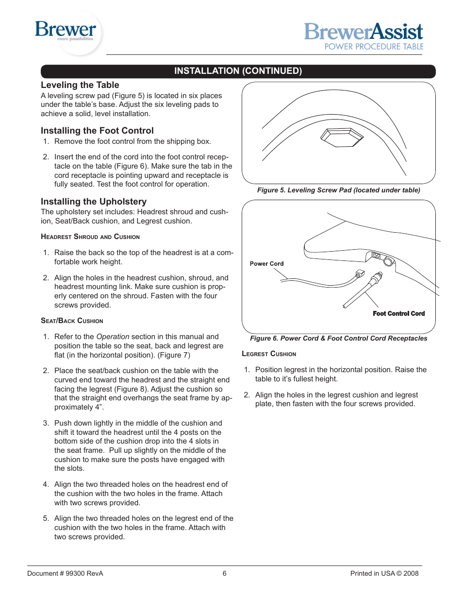 Leveling the table, Installing the foot control, Installing the upholstery | Installation (continued) | Brewer Assist Power User Manual | Page 6 / 16