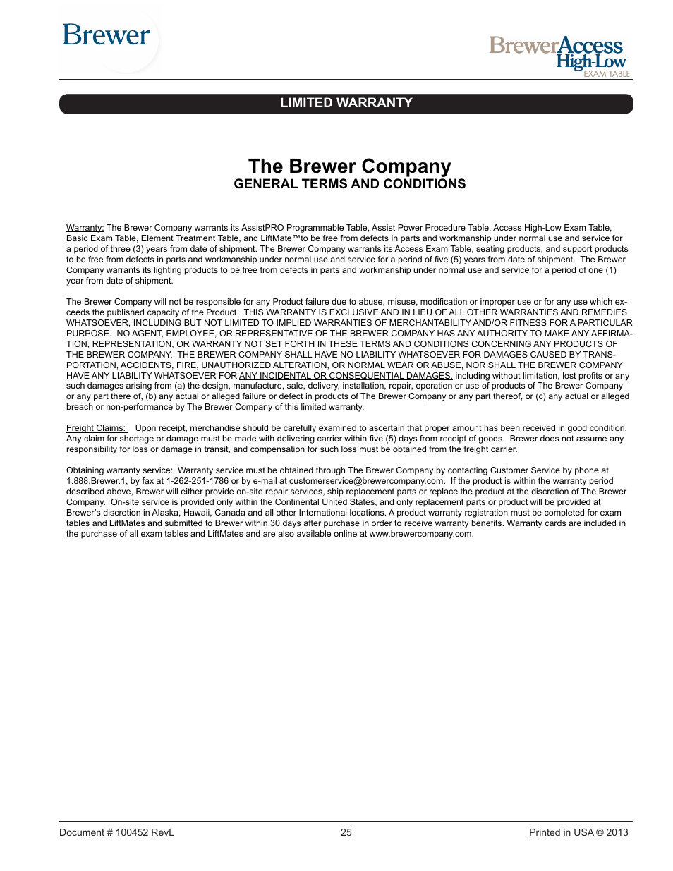 The brewer company, Limited warranty, General terms and conditions | Brewer Access High-Low User Manual | Page 25 / 26