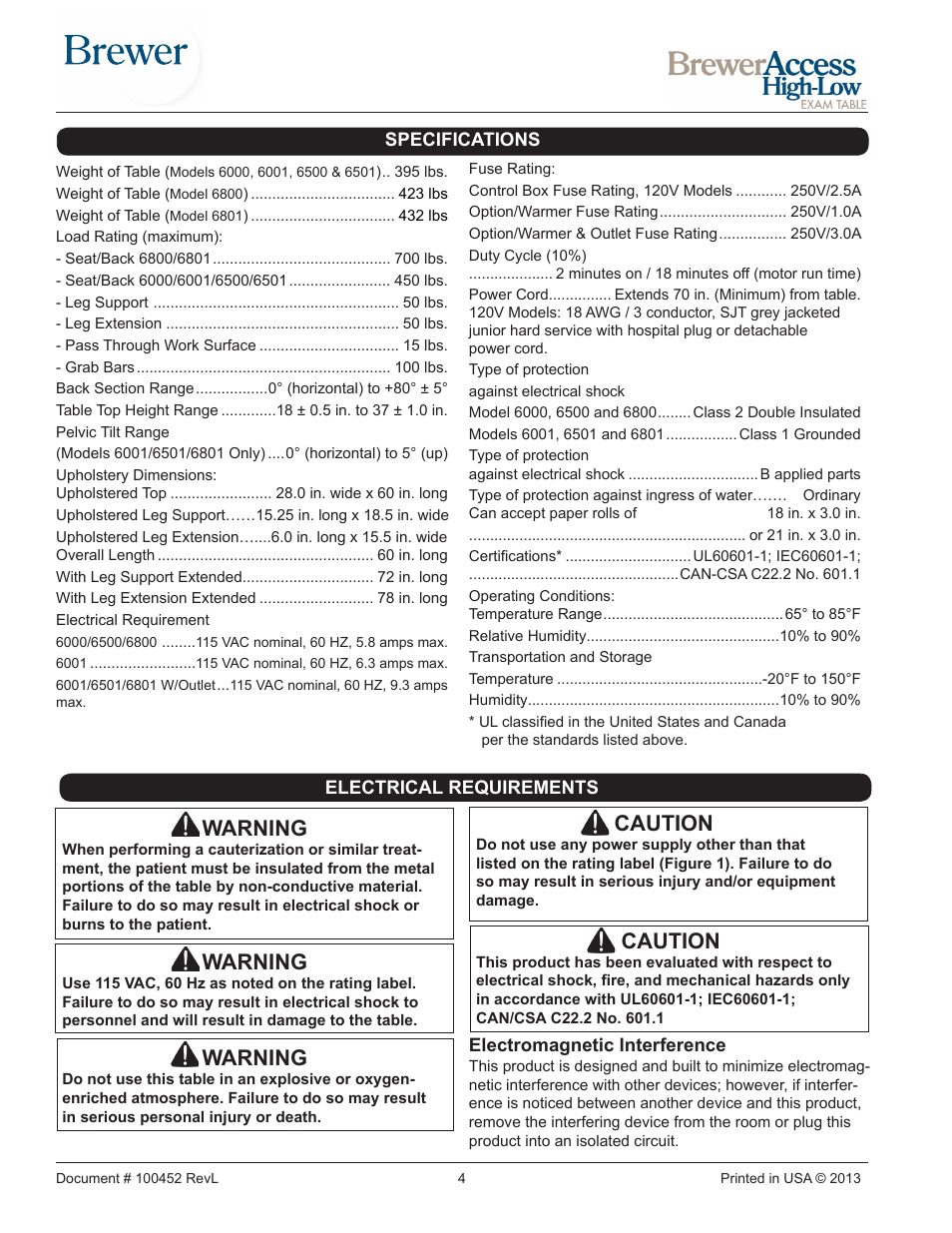 Warning, Caution | Brewer Access High-Low User Manual | Page 4 / 26